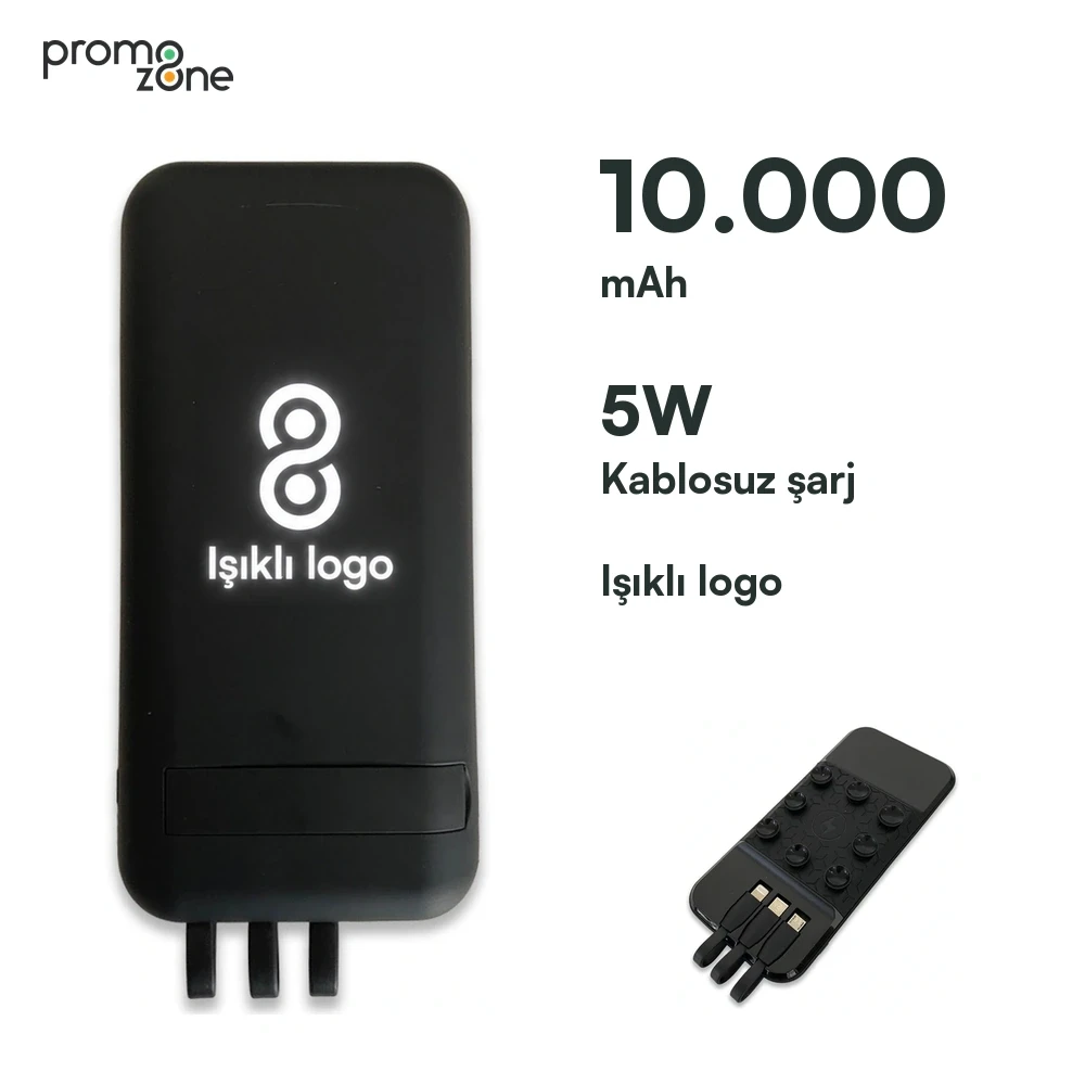 10000 mAh Dahili Kablolu Wireless Işıklı Logolu Powerbank  Şarj Cihazı Promozone