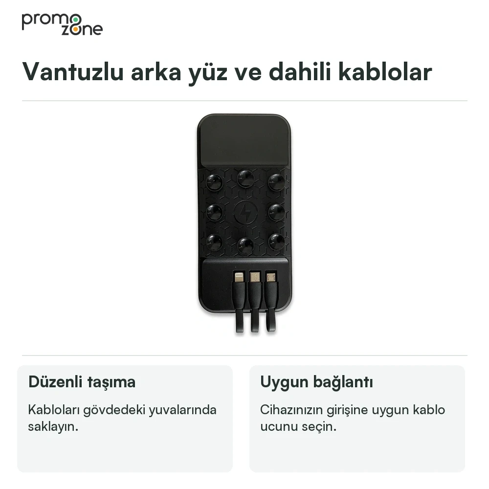 10000 mAh Dahili Kablolu Wireless Işıklı Logolu Powerbank  Şarj Cihazı Promozone