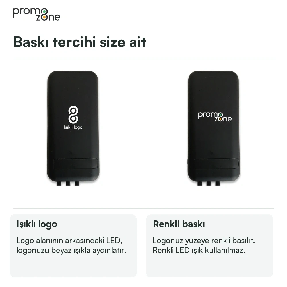 10000 mAh Dahili Kablolu Wireless Işıklı Logolu Powerbank  Şarj Cihazı Promozone