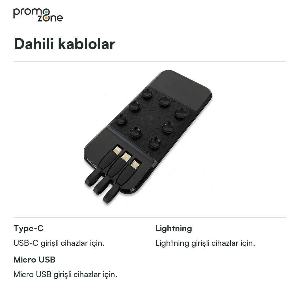 10000 mAh Dahili Kablolu Wireless Işıklı Logolu Powerbank  Şarj Cihazı