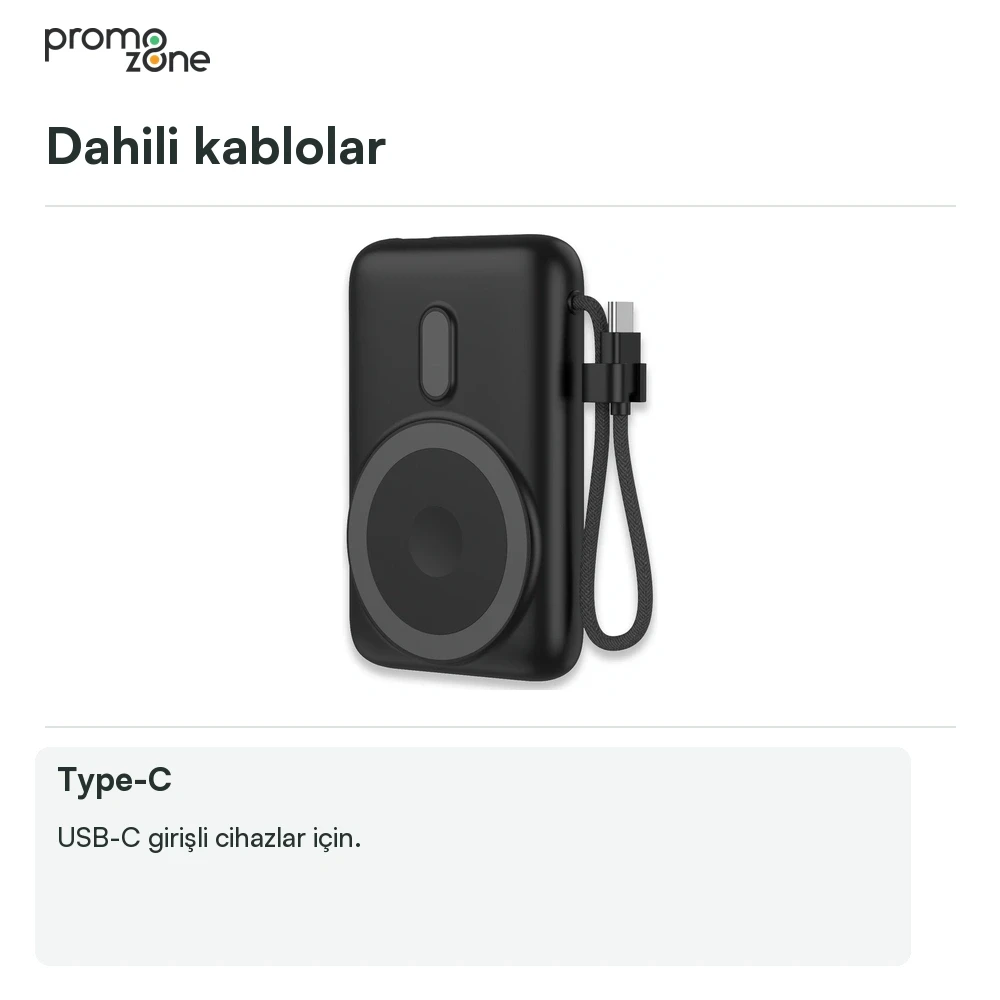 10.000 mAh Işıklı Logo MagSafe Powerbank — 22,5W Hızlı Şarj, 15W Kablosuz Şarj ve Dahili Type-C Kablo Promozone