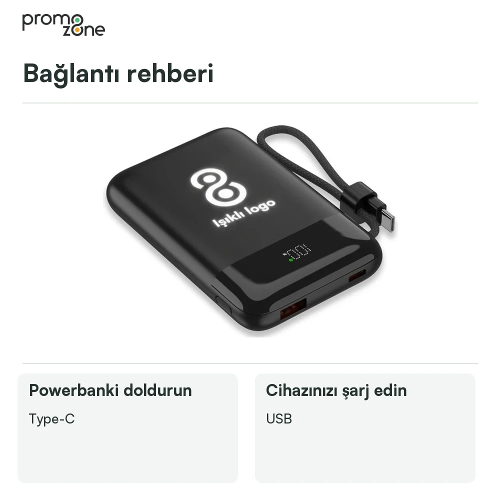 10.000 mAh Işıklı Logo MagSafe Powerbank — 22,5W Hızlı Şarj, 15W Kablosuz Şarj ve Dahili Type-C Kablo Promozone