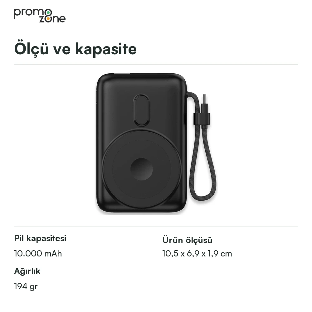 10.000 mAh Işıklı Logo MagSafe Powerbank — 22,5W Hızlı Şarj, 15W Kablosuz Şarj ve Dahili Type-C Kablo Promozone