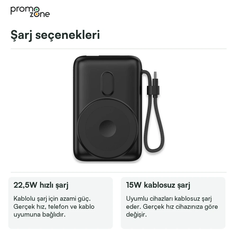10.000 mAh Işıklı Logo MagSafe Powerbank — 22,5W Hızlı Şarj, 15W Kablosuz Şarj ve Dahili Type-C Kablo Promozone
