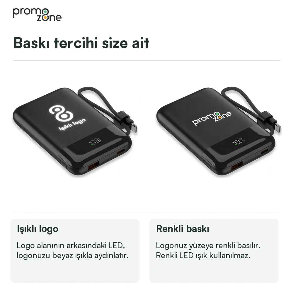 10.000 mAh Işıklı Logo MagSafe Powerbank — 22,5W Hızlı Şarj, 15W Kablosuz Şarj ve Dahili Type-C Kablo Promozone