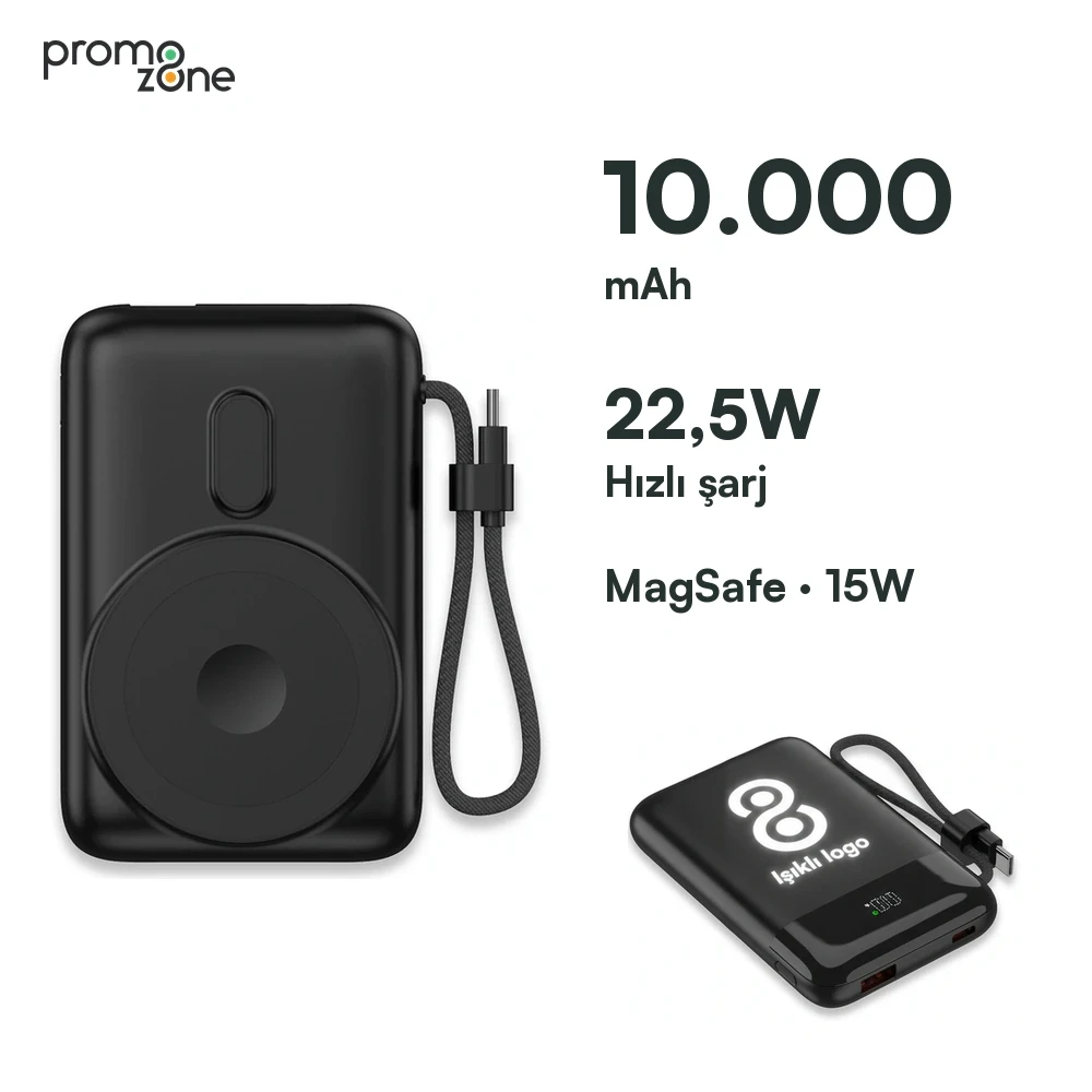 10.000 mAh Işıklı Logo MagSafe Powerbank — 22,5W Hızlı Şarj, 15W Kablosuz Şarj ve Dahili Type-C Kablo Promozone