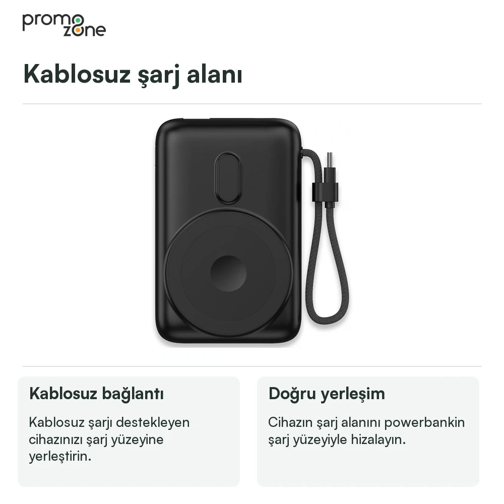 10.000 mAh Işıklı Logo MagSafe Powerbank — 22,5W Hızlı Şarj, 15W Kablosuz Şarj ve Dahili Type-C Kablo Promozone