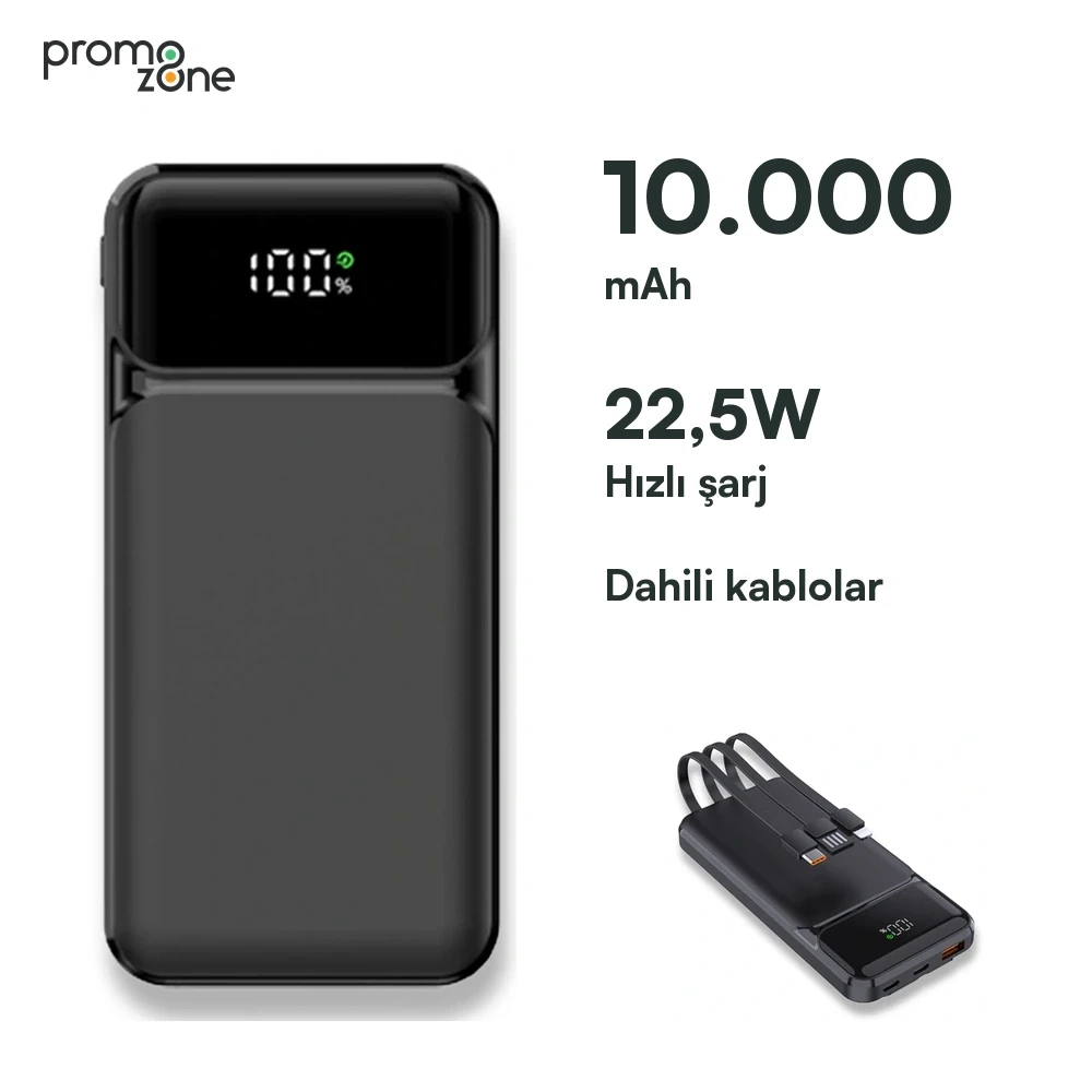 10.000 mAh Dahili Kablolu 22.5W Hızlı Şarj Destekli Powerbank Promozone