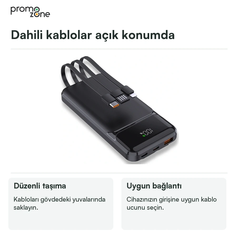 10.000 mAh Dahili Kablolu 22.5W Hızlı Şarj Destekli Powerbank Promozone