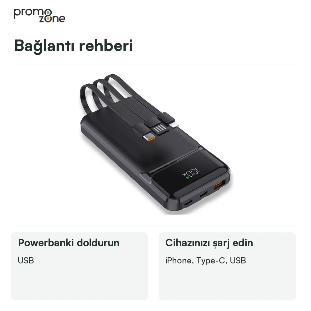 10.000 mAh Dahili Kablolu 22.5W Hızlı Şarj Destekli Powerbank