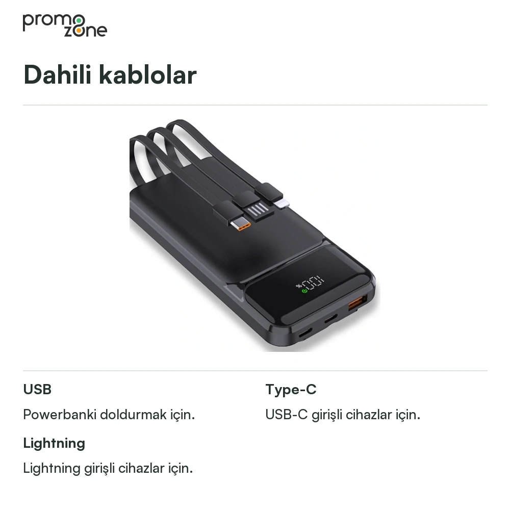 10.000 mAh Dahili Kablolu 22.5W Hızlı Şarj Destekli Powerbank Promozone