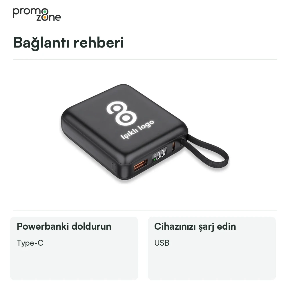 10.000 mAh Dahili Kablolu LED Logolu Powerbank