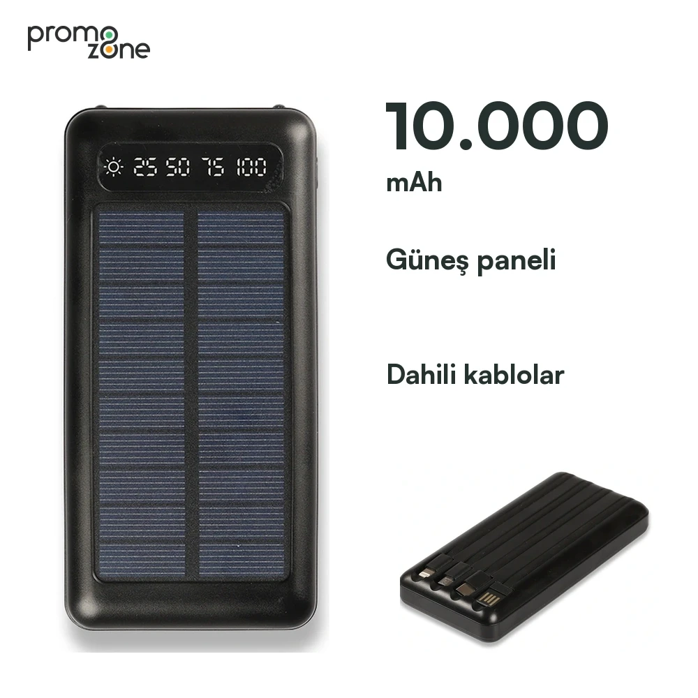 10000 mAh Solar Güneş Enerjili Powerbank ( Dahili Kablolu)