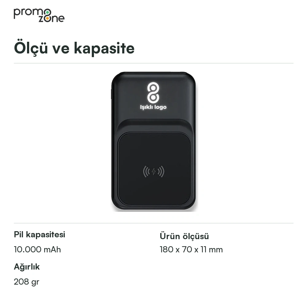 10.000 mAh 22.5W Hızlı Şarj, 15W Kablosuz Şarj ve Işıklı Logo Powerbank Promozone
