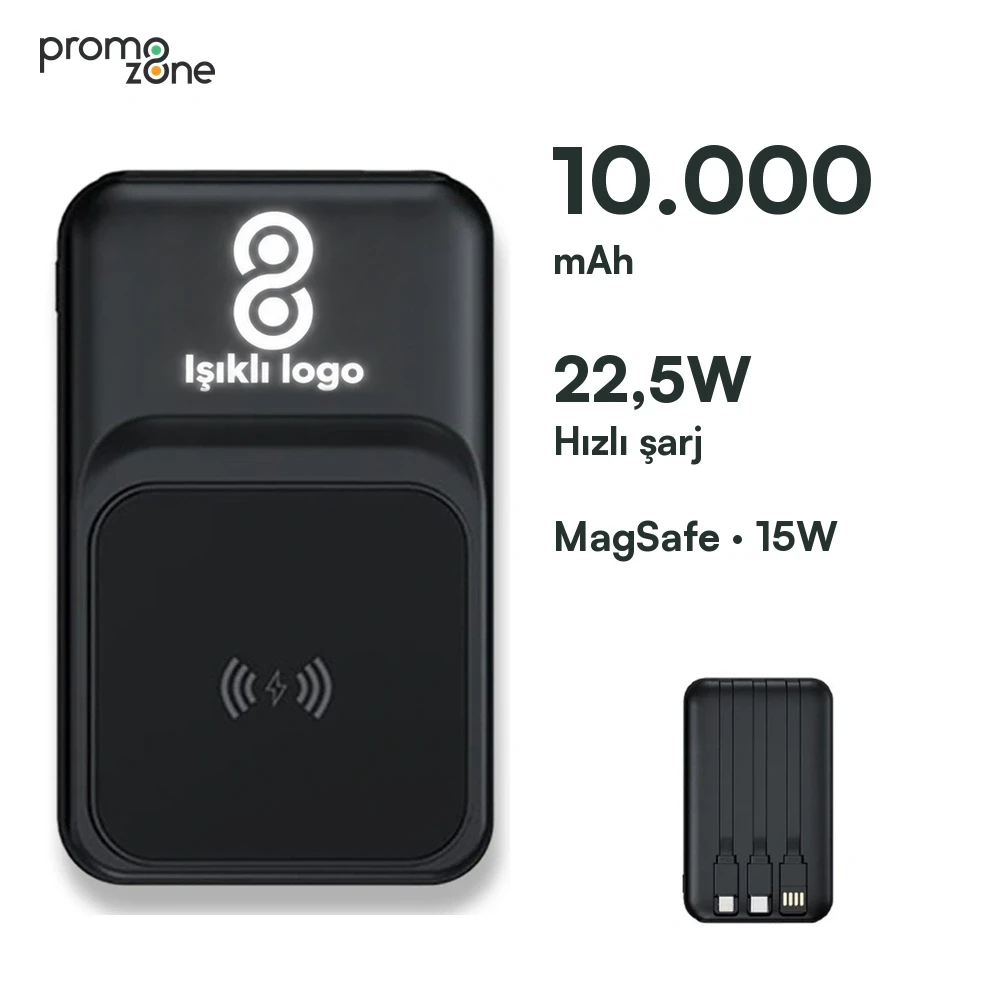 10.000 mAh 22.5W Hızlı Şarj, 15W Kablosuz Şarj ve Işıklı Logo Powerbank Promozone