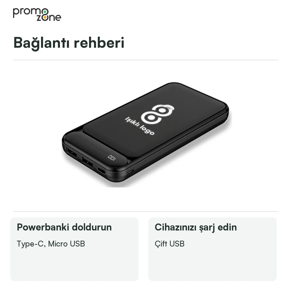 10.000 mAh Işıklı Logolu Powerbank (LED Logo + Yüzde Gösterge + Çift USB Çıkışlı Promozone