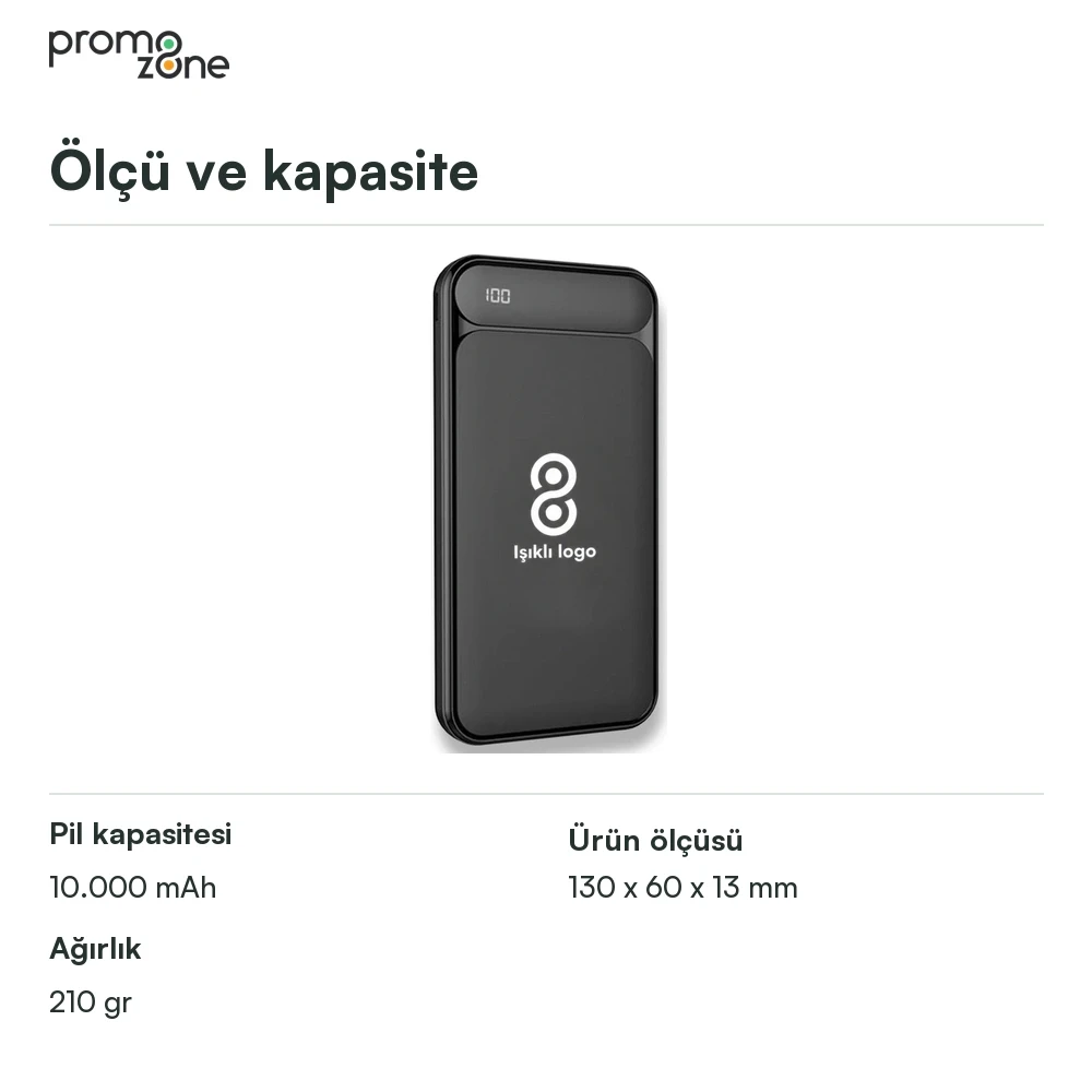 10.000 mAh Işıklı Logolu Powerbank (LED Logo + Yüzde Gösterge + Çift USB Çıkışlı Promozone