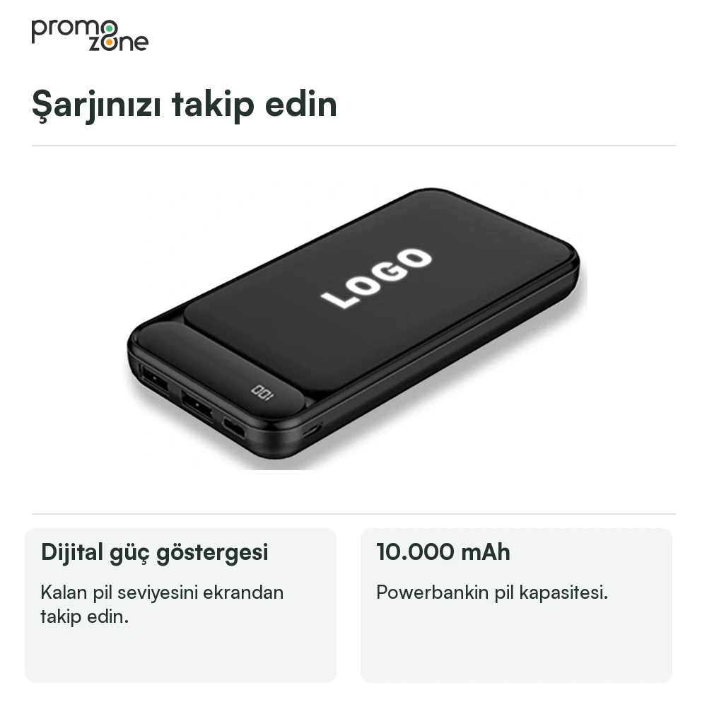 10.000 mAh Işıklı Logolu Powerbank (LED Logo + Yüzde Gösterge + Çift USB Çıkışlı Promozone