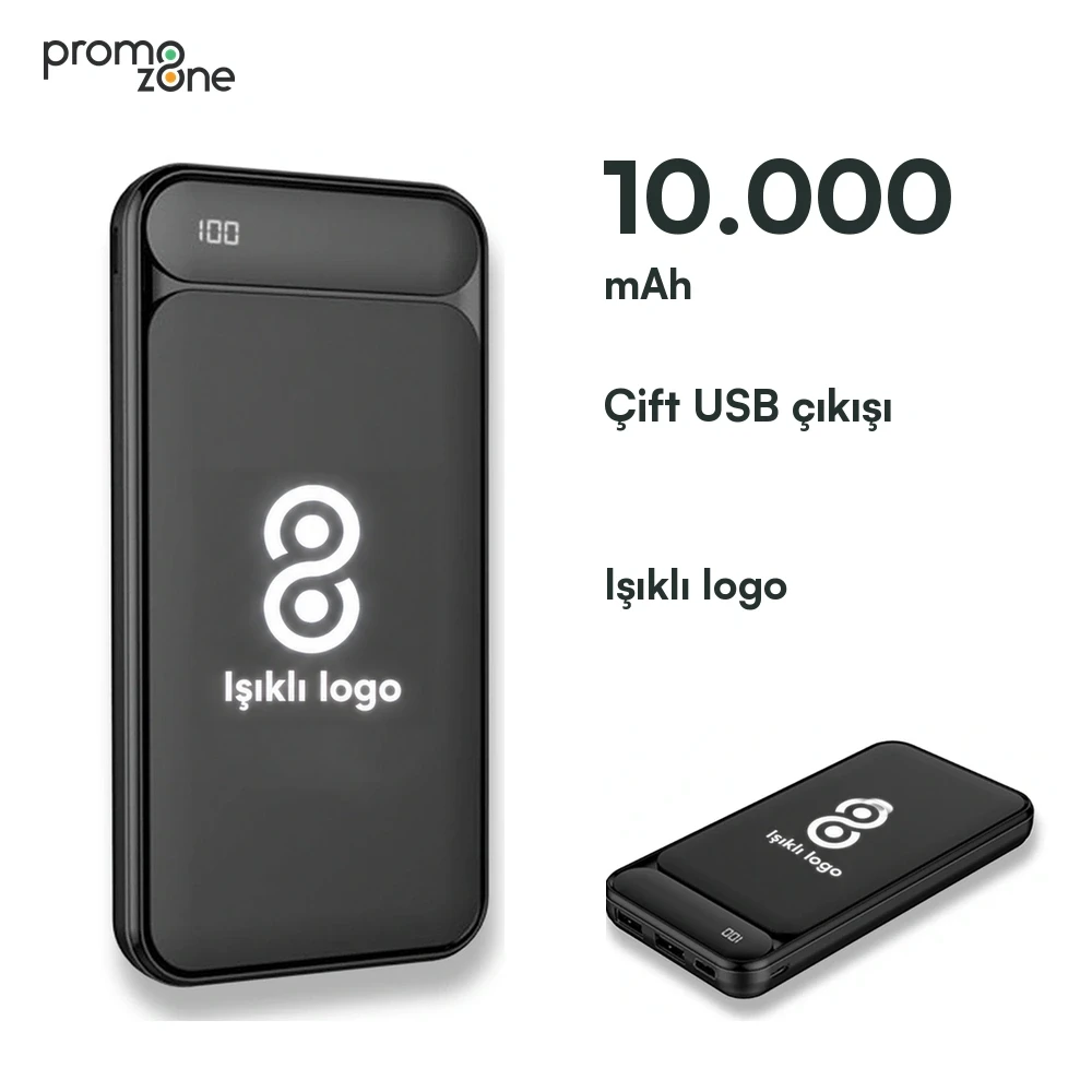 10.000 mAh Işıklı Logolu Powerbank (LED Logo + Yüzde Gösterge + Çift USB Çıkışlı
