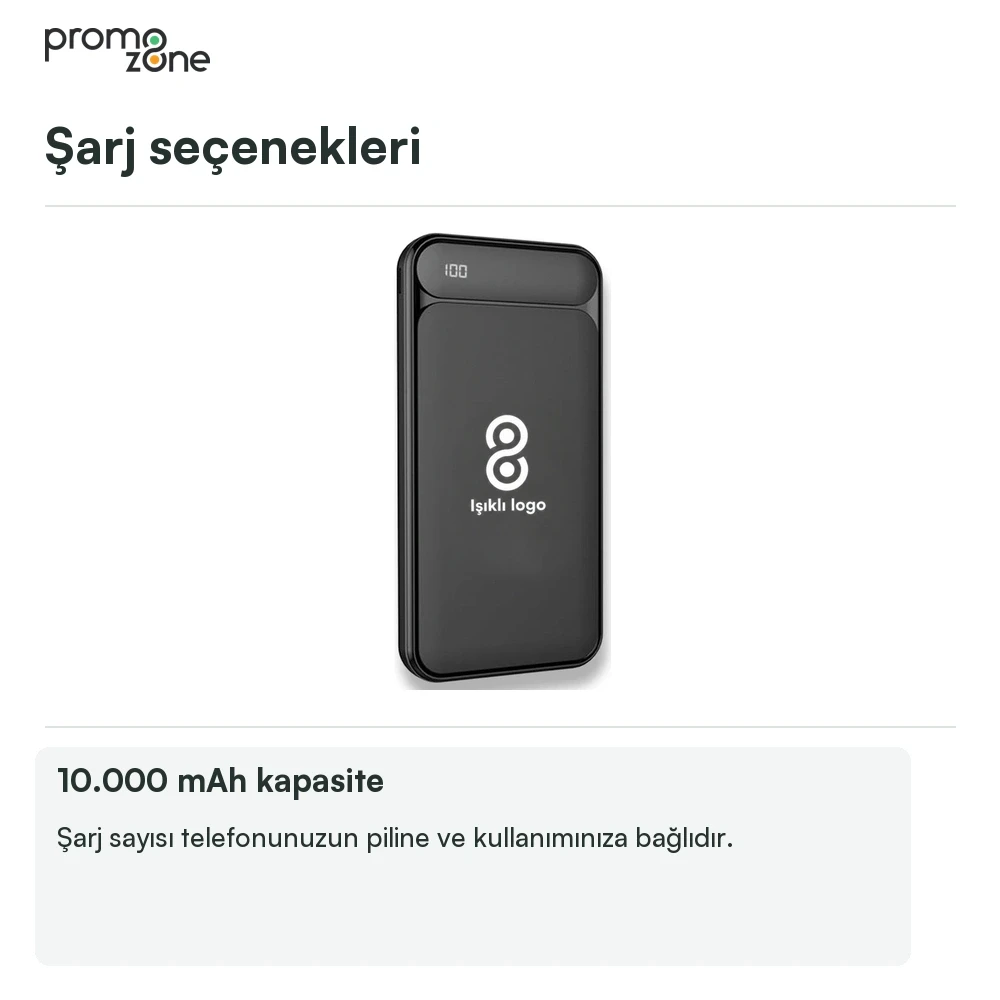 10.000 mAh Işıklı Logolu Powerbank (LED Logo + Yüzde Gösterge + Çift USB Çıkışlı
