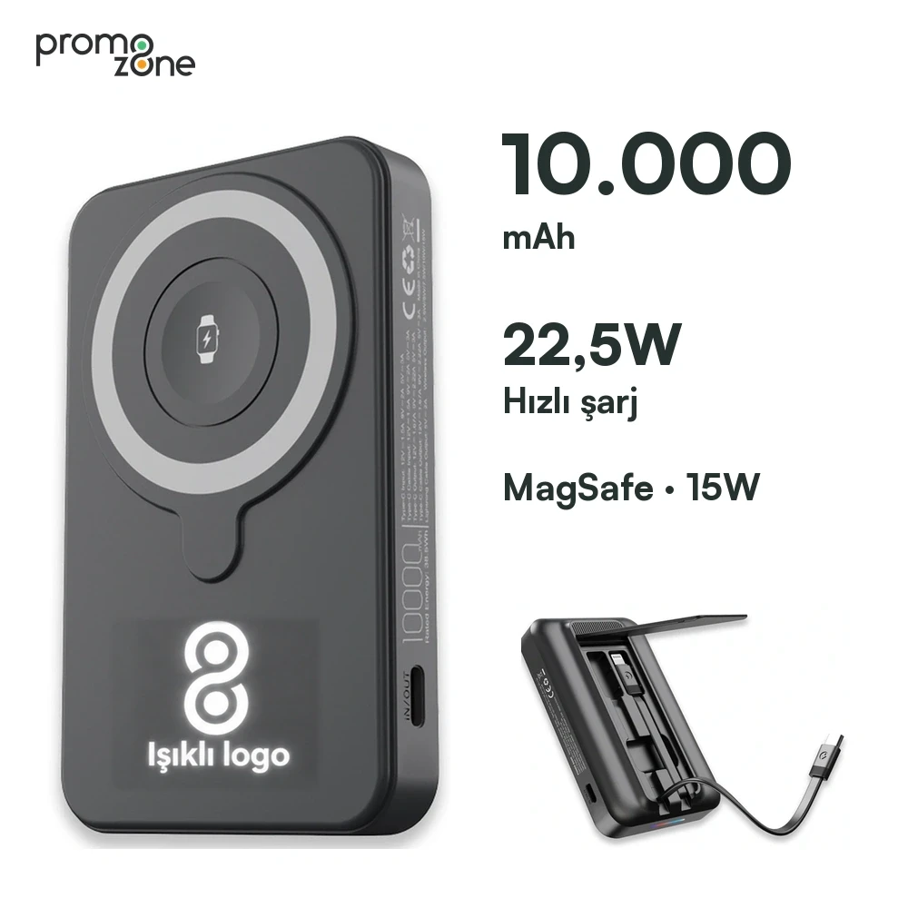 LED Işıklı Logo MagSafe Powerbank 10.000 mAh (22,5W Hızlı Şarj / 15W Wireless / Apple Watch Şarj) Promozone