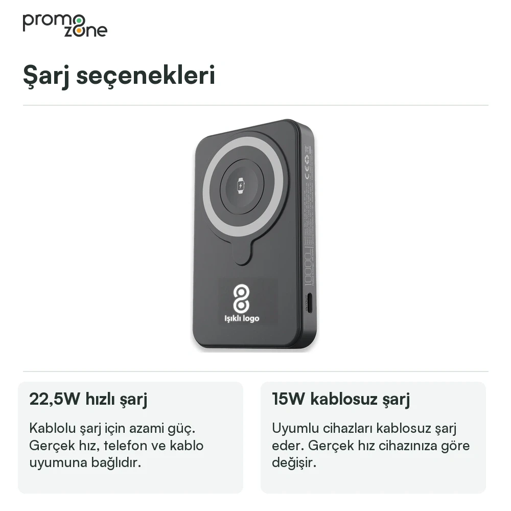 LED Işıklı Logo MagSafe Powerbank 10.000 mAh (22,5W Hızlı Şarj / 15W Wireless / Apple Watch Şarj) Promozone