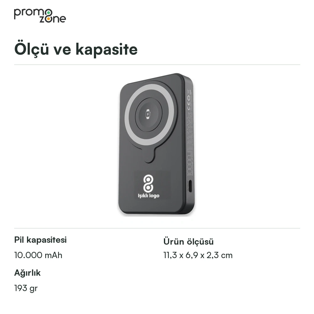 LED Işıklı Logo MagSafe Powerbank 10.000 mAh (22,5W Hızlı Şarj / 15W Wireless / Apple Watch Şarj) Promozone