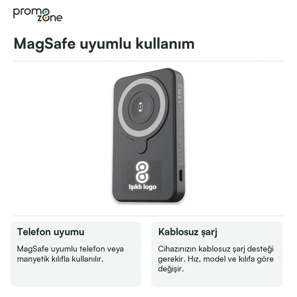 LED Işıklı Logo MagSafe Powerbank 10.000 mAh (22,5W Hızlı Şarj / 15W Wireless / Apple Watch Şarj) Promozone