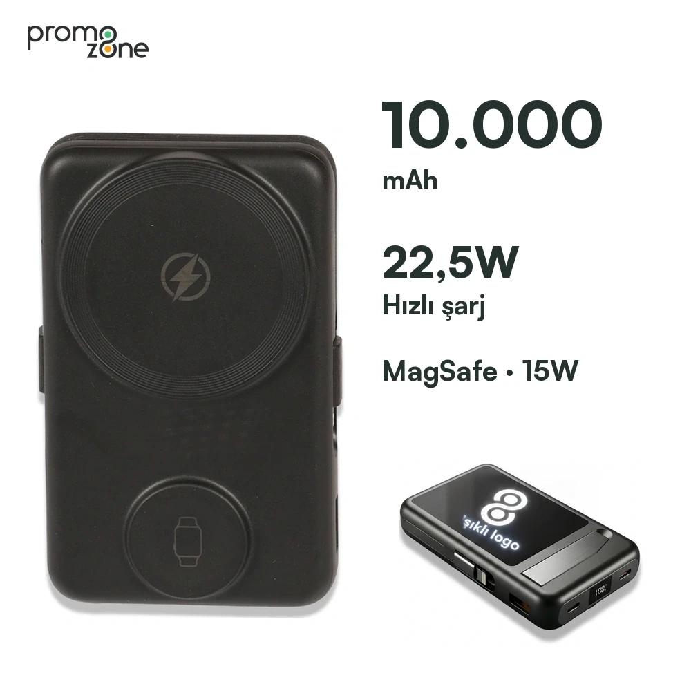 Renkli LED Işıklı Logo MagSafe Powerbank 10.000 mAh (22,5W Hızlı Şarj / 15W Wireless / Akıllı Saat Şarj / Dahili Kablolu)