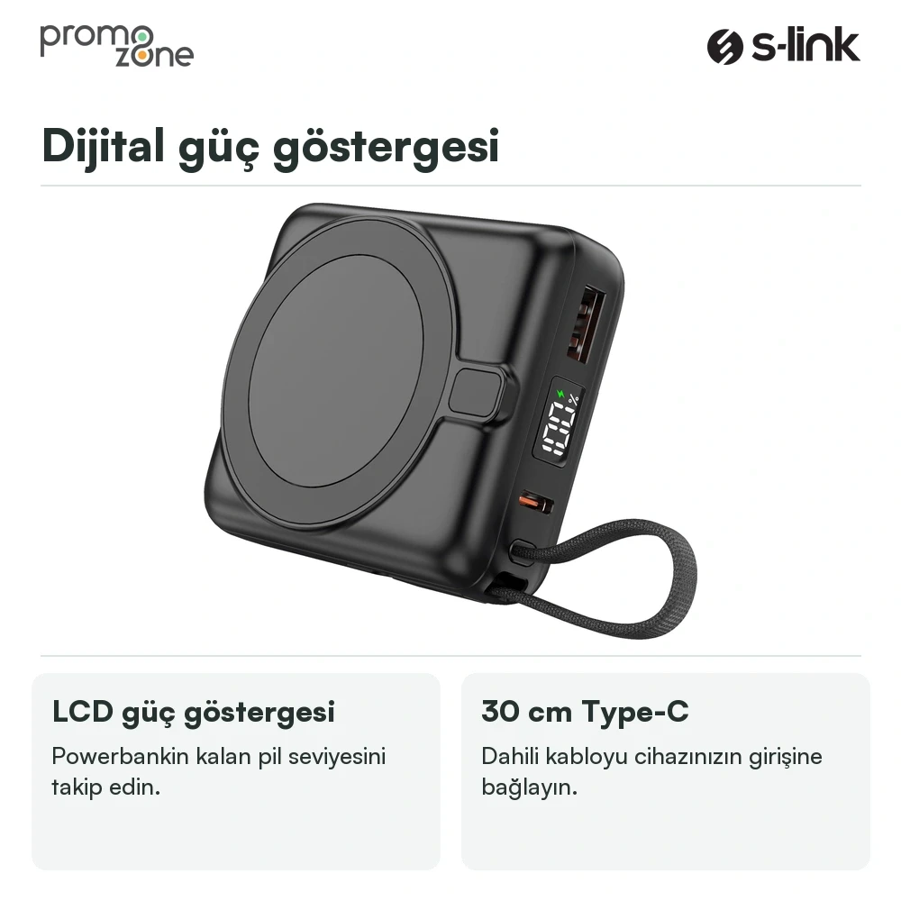 S-link M10L 10000mAh MagSafe 15W PD22.5W + QC3.0 18W LED Logo Şarj Cihazı Powerbank Promozone