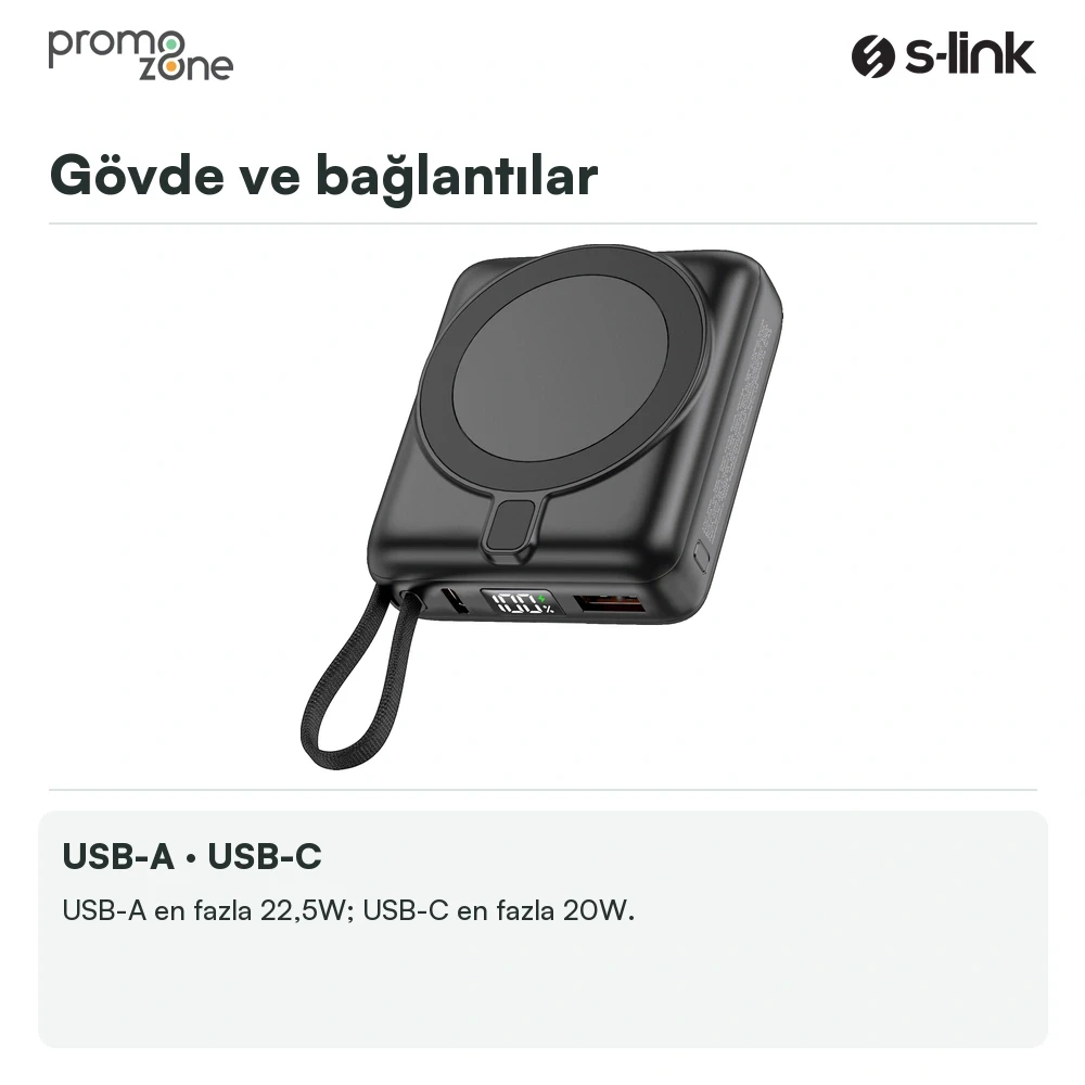 S-link M10L 10000mAh MagSafe 15W PD22.5W + QC3.0 18W LED Logo Şarj Cihazı Powerbank Promozone
