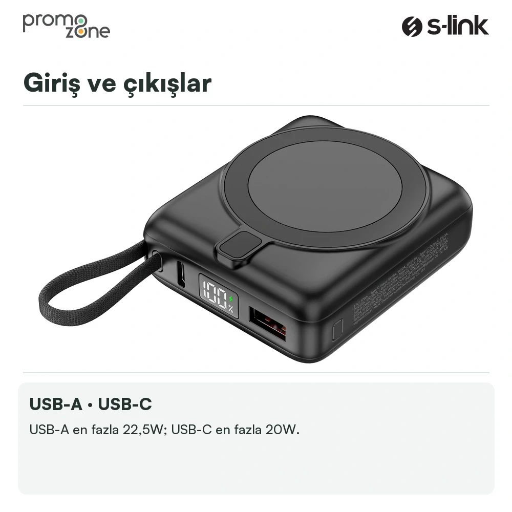 S-link M10L 10000mAh MagSafe 15W PD22.5W + QC3.0 18W LED Logo Şarj Cihazı Powerbank Promozone