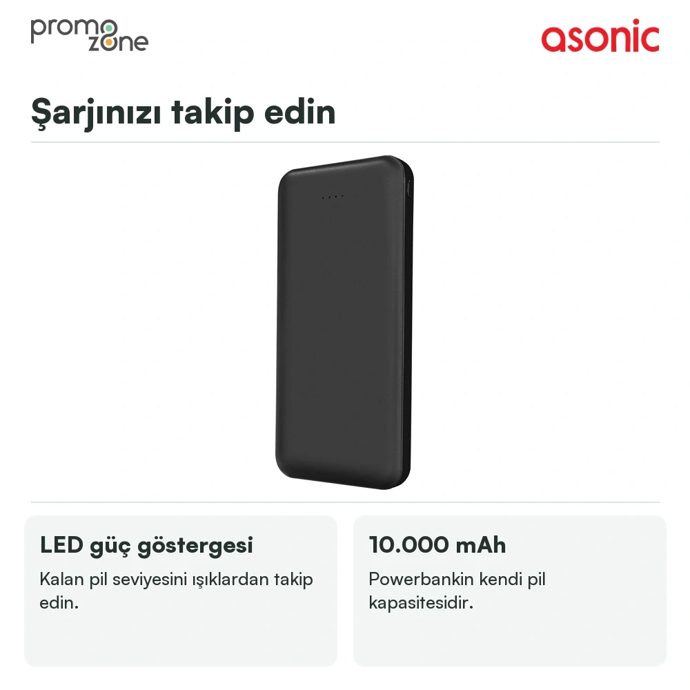 Asonic AS-P10 10000mAh Micro+Type-C+USB Taşınabilir Pil Şarj Cihazı Powerbank