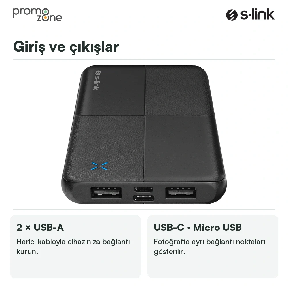 S-link IP-G12N 10000mAh Micro+Usb+ Type-C Giriş+Çıkış Taşınabilir Pil Şarj Cihazı Powerbank