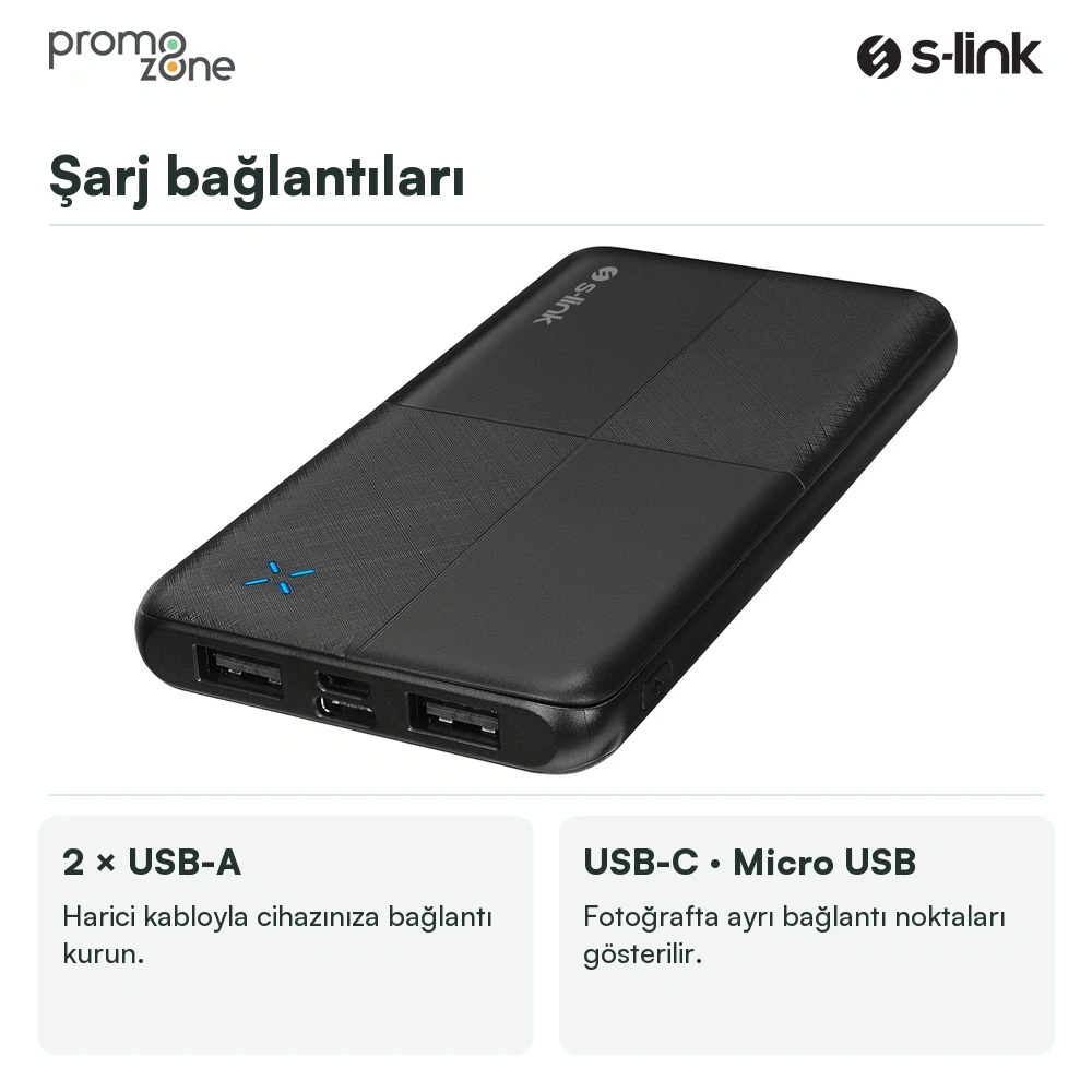 S-link IP-G12N 10000mAh Micro+Usb+ Type-C Giriş+Çıkış Taşınabilir Pil Şarj Cihazı Powerbank
