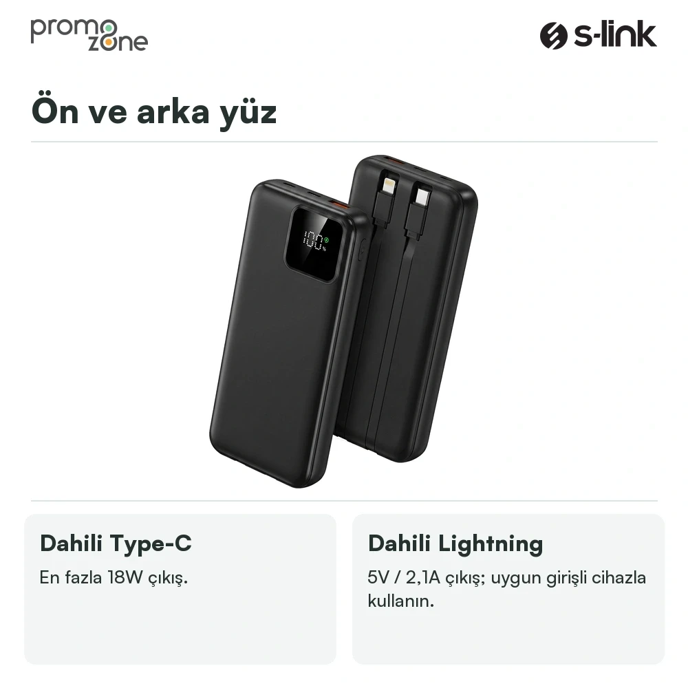 S-link IP-G16L 10000mAh PD20W Type-C+Lightning Dahili Kablolu  LCD Ekranlı Taşınabilir Pil Şarj Cihazı Powerbank
