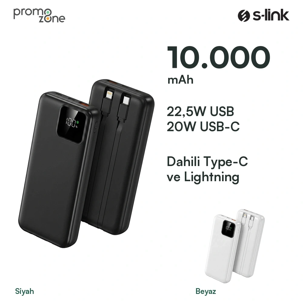 S-link IP-G16L 10000mAh PD20W Type-C+Lightning Dahili Kablolu  LCD Ekranlı Taşınabilir Pil Şarj Cihazı Powerbank
