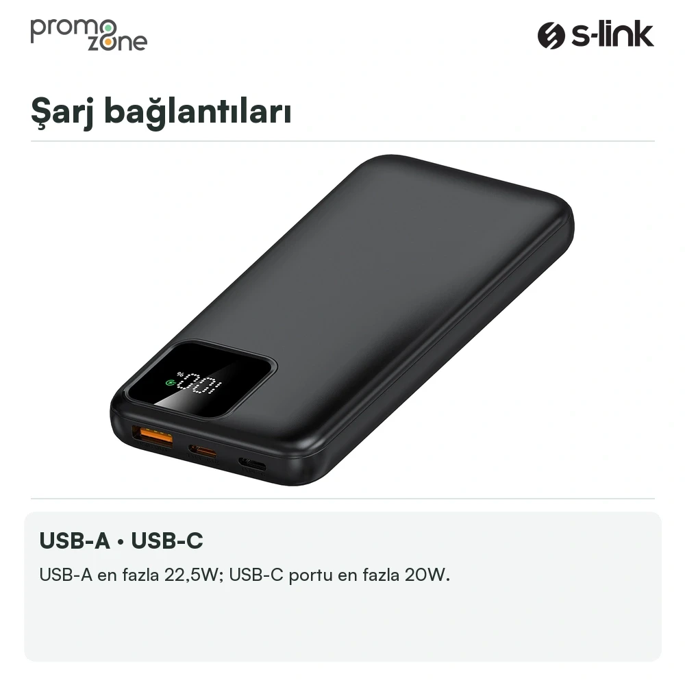 S-link IP-G16L 10000mAh PD20W Type-C+Lightning Dahili Kablolu  LCD Ekranlı Taşınabilir Pil Şarj Cihazı Powerbank