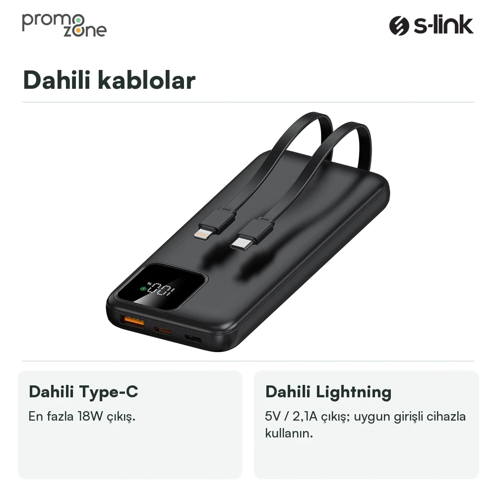 S-link IP-G16L 10000mAh PD20W Type-C+Lightning Dahili Kablolu  LCD Ekranlı Taşınabilir Pil Şarj Cihazı Powerbank