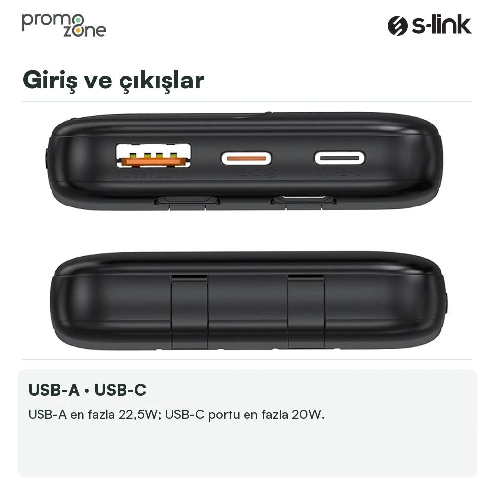 S-link IP-G16L 10000mAh PD20W Type-C+Lightning Dahili Kablolu  LCD Ekranlı Taşınabilir Pil Şarj Cihazı Powerbank