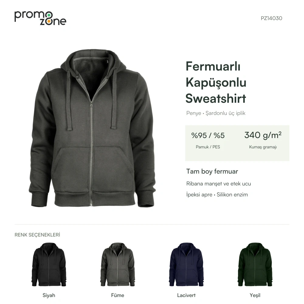 Pamuklu Kaliteli Yetişkin Kapüşonlu Fermuarlı Sweatshirt