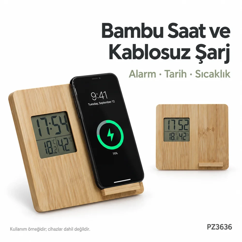 Bambu Masaüstü Saat ve Kablosuz Şarj Cihazı (Alarm, Tarih ve Sıcaklık Göstergeli, Qi Teknolojili)