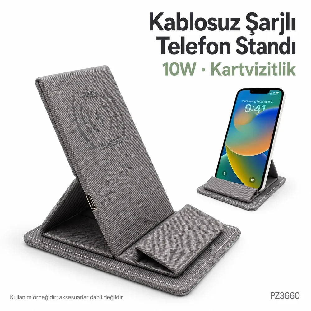 PZ3660 10W Wireless Kablosuz Şarj Özellikli Masaüstü Telefon Standı ve Kartvizitlik — kapak ve kullanım görünümü
