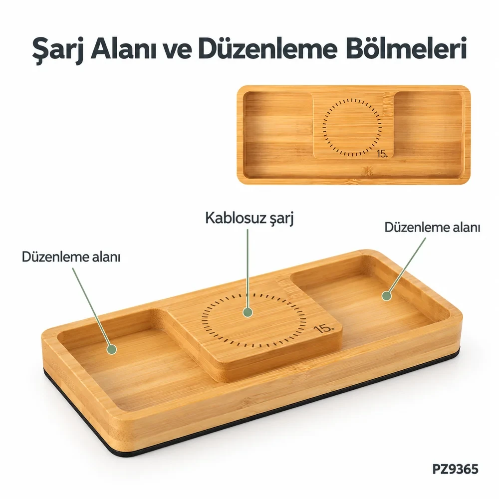 15W Wireless Şarj Özellikli Bambu Masaüstü Organizer