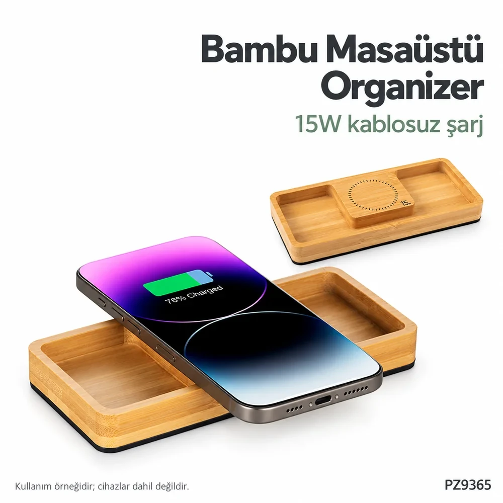 15W Wireless Şarj Özellikli Bambu Masaüstü Organizer