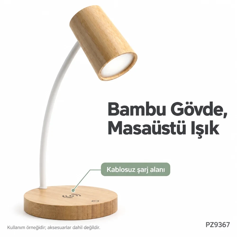 Bambu Masa Lambası + Kablosuz Şarj (10W Hızlı Şarj)