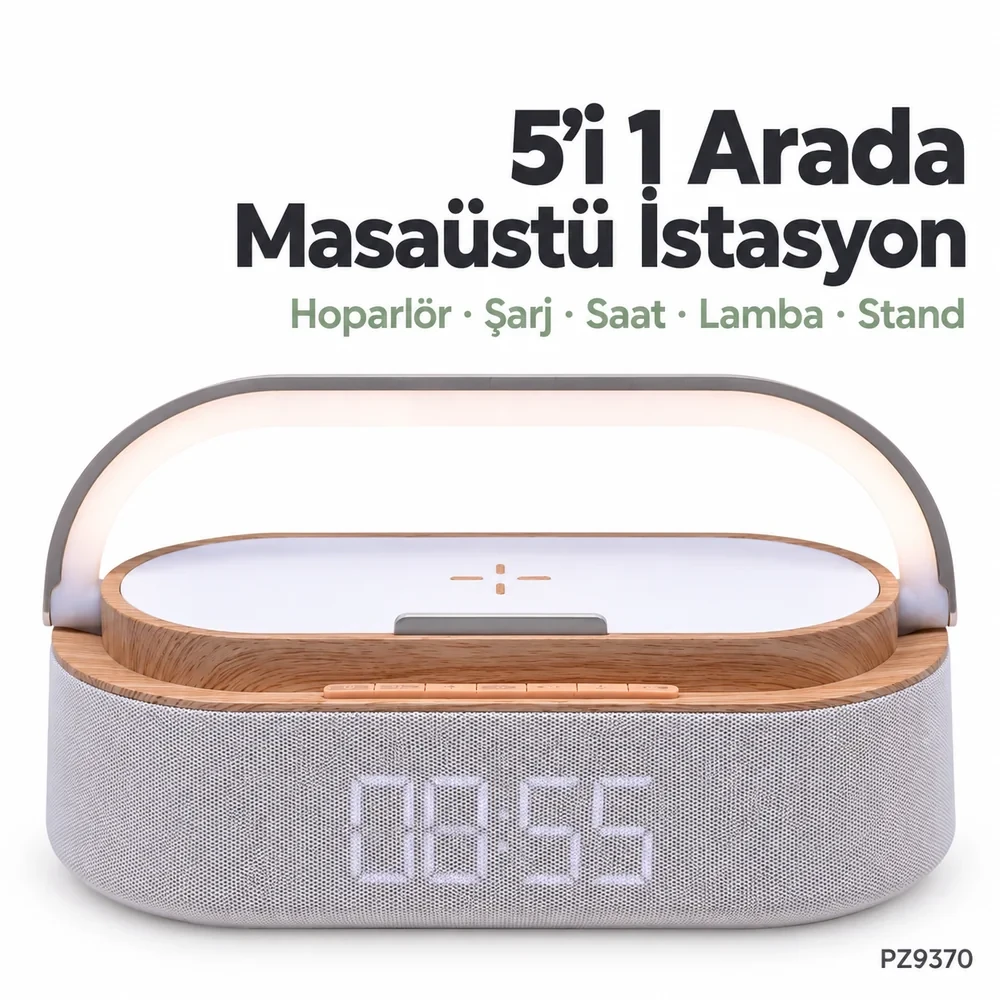 5’i 1 Arada Bluetooth Hoparlör + Kablosuz Şarj Cihazı + Alarm + Lamba + Telefon Standı (15W Hızlı Şarj)