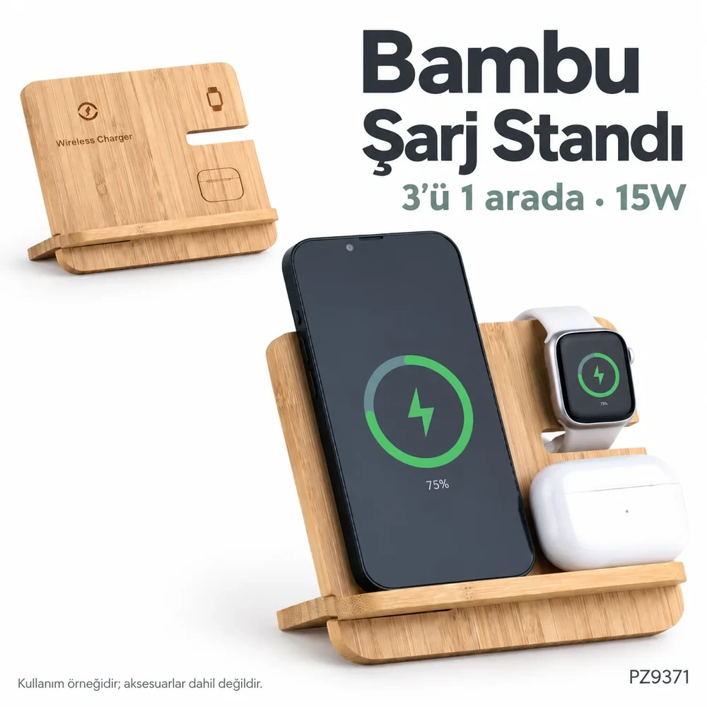 3’ü 1 Arada Bambu Kablosuz Şarj Standı (15 W Hızlı Şarj – Telefon, Akıllı Saat & Kulaklık için)