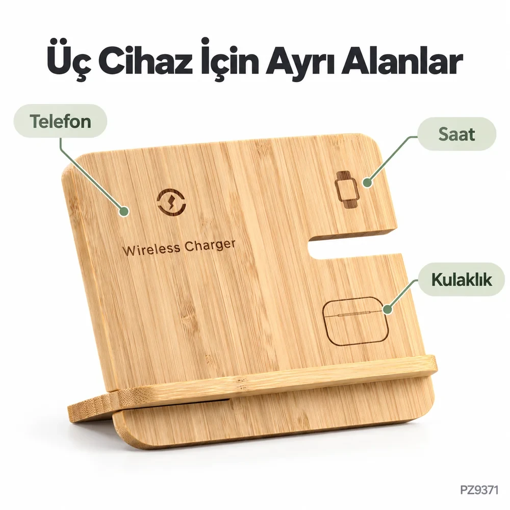 3’ü 1 Arada Bambu Kablosuz Şarj Standı (15 W Hızlı Şarj – Telefon, Akıllı Saat & Kulaklık için)