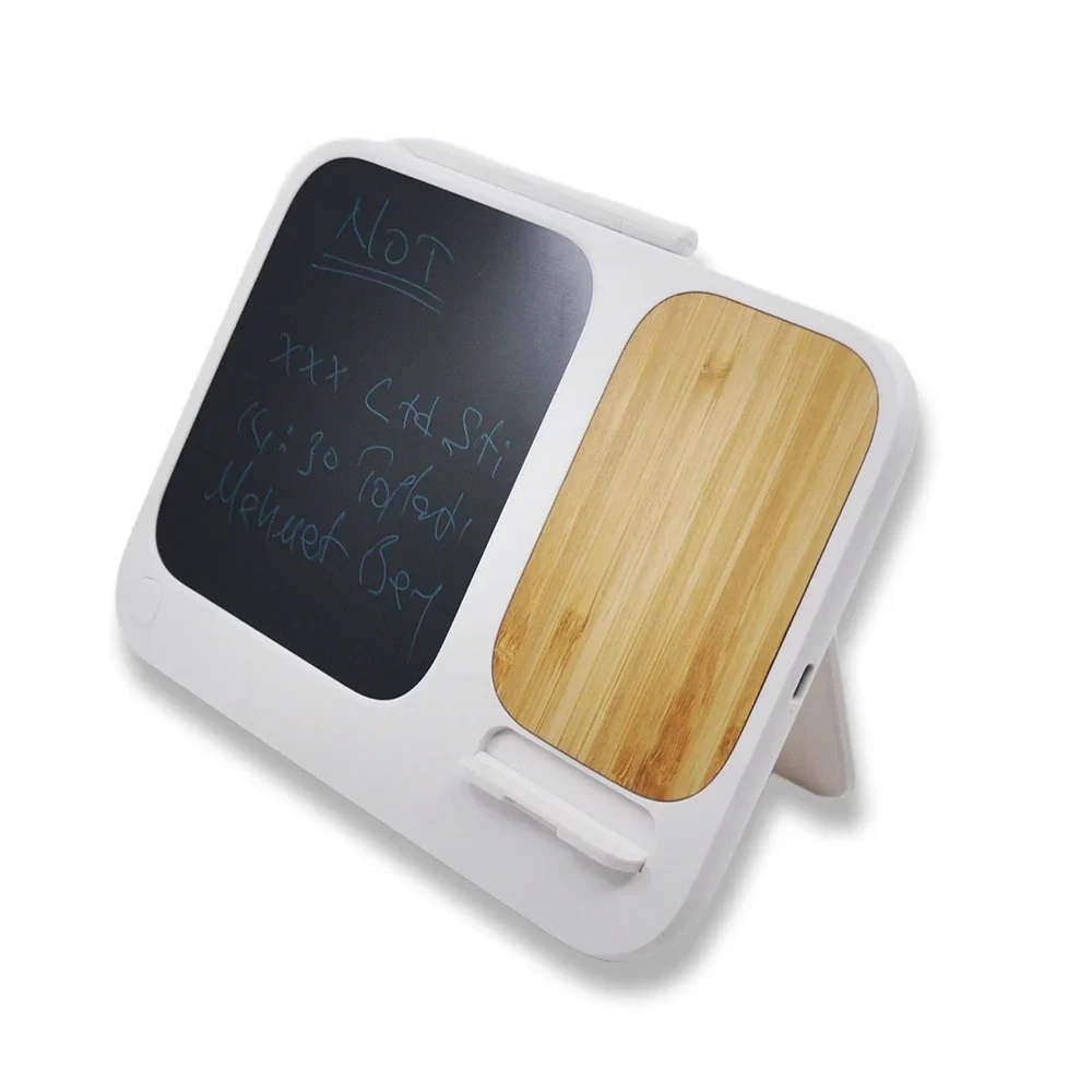 Kablosuz Şarj Cihazı ve LCD Yazım Tableti (Bambu Yüzeyli, 15W Hızlı Şarj, 6.3’’ Not Ekranı)